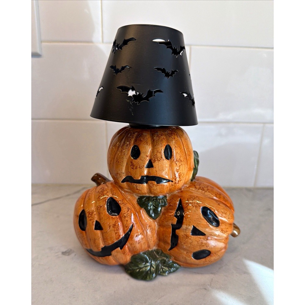 Vtg Russ Berrie Halloween Lites Stoneware Pumpkin Votive Holder Bat Metal Shade